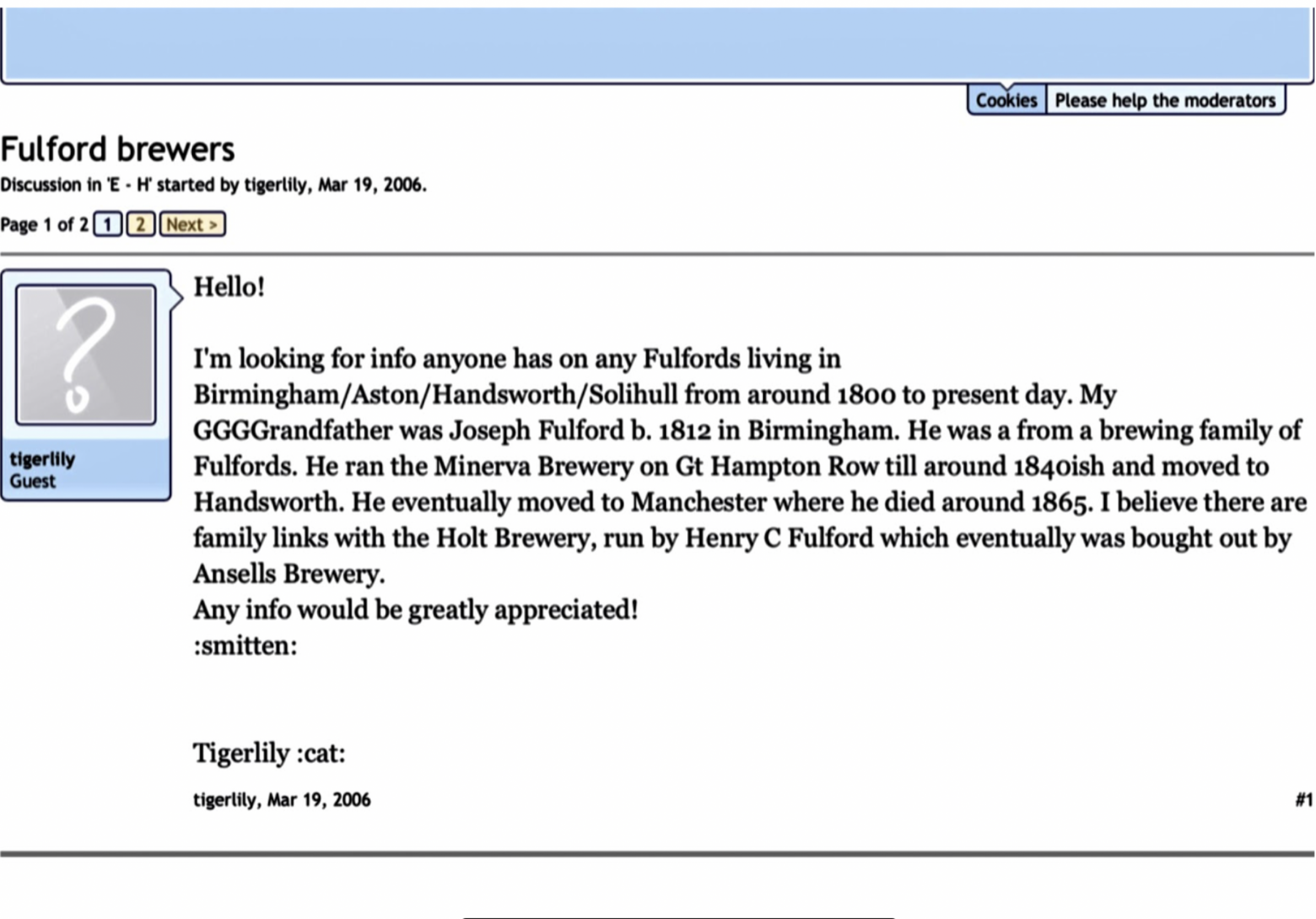 TigerLily requesting help on the Birmingham History Forum